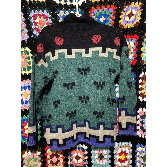 Vintage Kitty Hawk Wool Mock Neck Sweater Rose and Ribbons - Picture 2 of 3